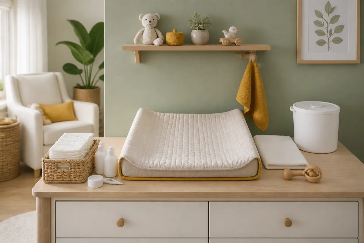 Table à langer organisée dans une chambre de bébé lumineuse, avec accessoires de soin accessibles et décoration vert sauge
