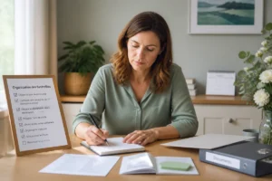 Personne préparant les funérailles d’un proche avec une checklist, des documents administratifs et un dossier organisé