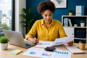 Personne indépendante préparant son budget de démarrage devant un ordinateur, avec documents financiers et calculatrice.
