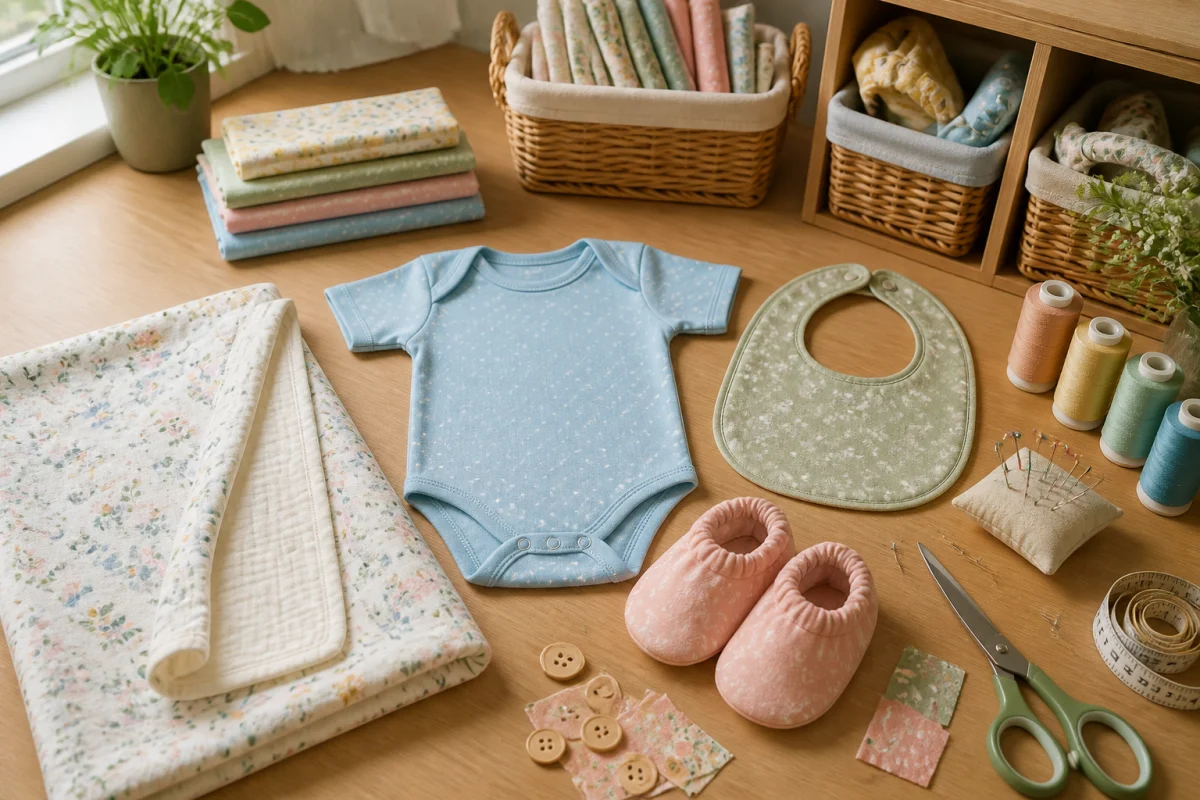 Préparer le linge de naissance avec body, bavoir, chaussons, couverture et matériel de couture coloré