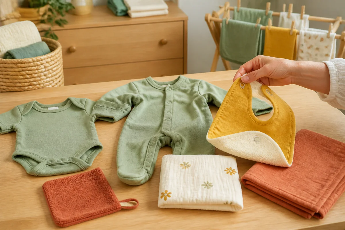 Linge de naissance en coton disposé dans une chambre de bébé, avec body, pyjama, lange, bavoir et serviette.
