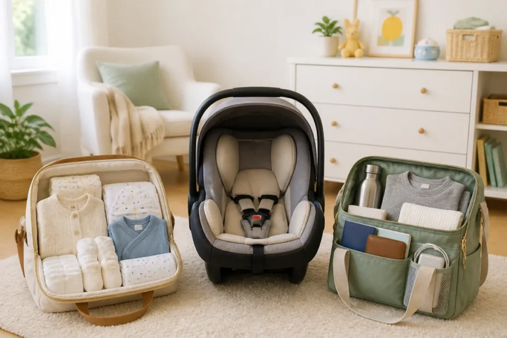 Préparer le matériel pour bébé à la naissance avec siège auto et sacs de maternité organisés