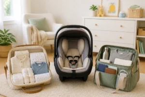 Préparer le matériel pour bébé à la naissance avec siège auto et sacs de maternité organisés