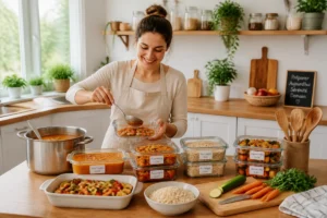 Jeune maman préparant les repas avec méthode, entre plats portionnés, légumes rôtis et contenants réutilisables étiquetés.