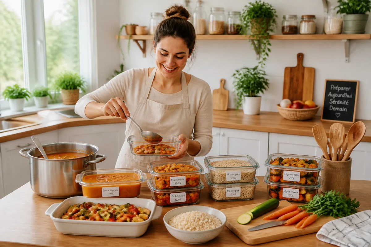 Jeune maman préparant les repas avec méthode, entre plats portionnés, légumes rôtis et contenants réutilisables étiquetés.