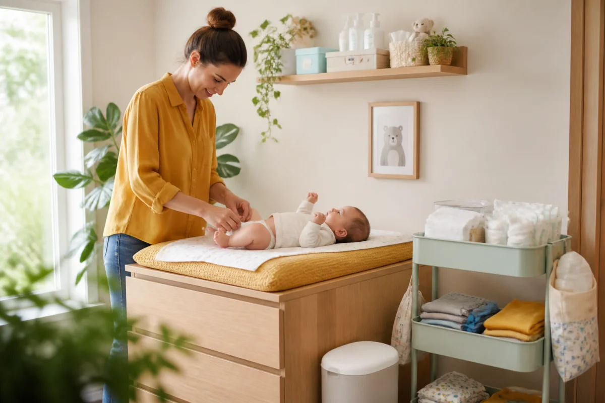 Parent serein changeant un nouveau-né sur un espace sécurisé, panier mobile organisé pour préparer le retour à la maison avec bébé