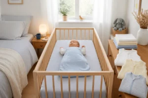 Préparer le retour à la maison avec bébé : nouveau-né endormi dans un lit sécurisé près des parents
