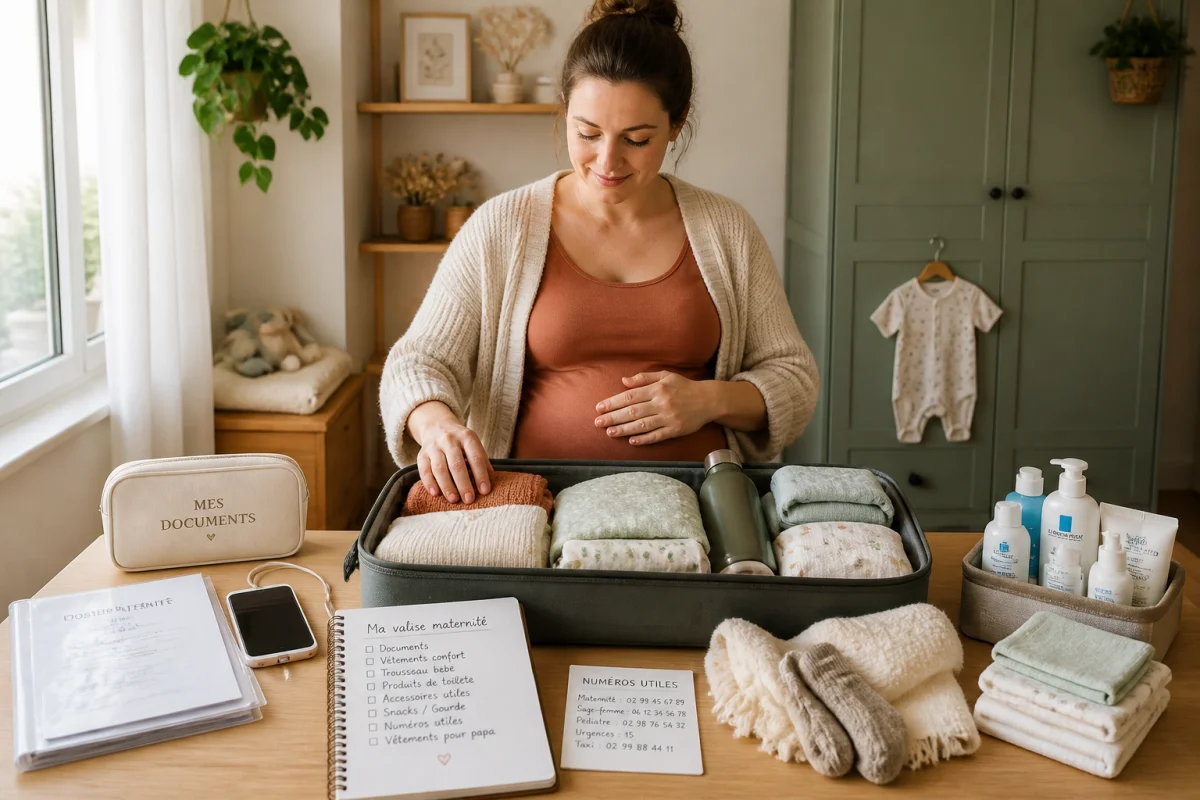 Femme enceinte sereine préparant sa valise de maternité avec checklist, documents et essentiels pour préparer son accouchement sereinement