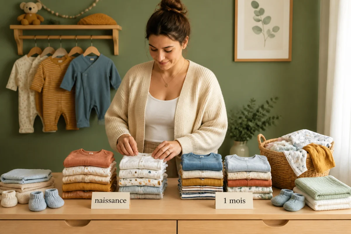 Future mère organisant le trousseau de naissance avec vêtements bébé classés en tailles naissance et 1 mois