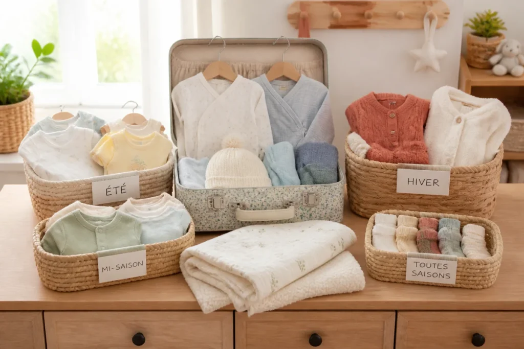 Trousseau de naissance organisé par saison avec vêtements de bébé, gigoteuse et accessoires dans une chambre lumineuse