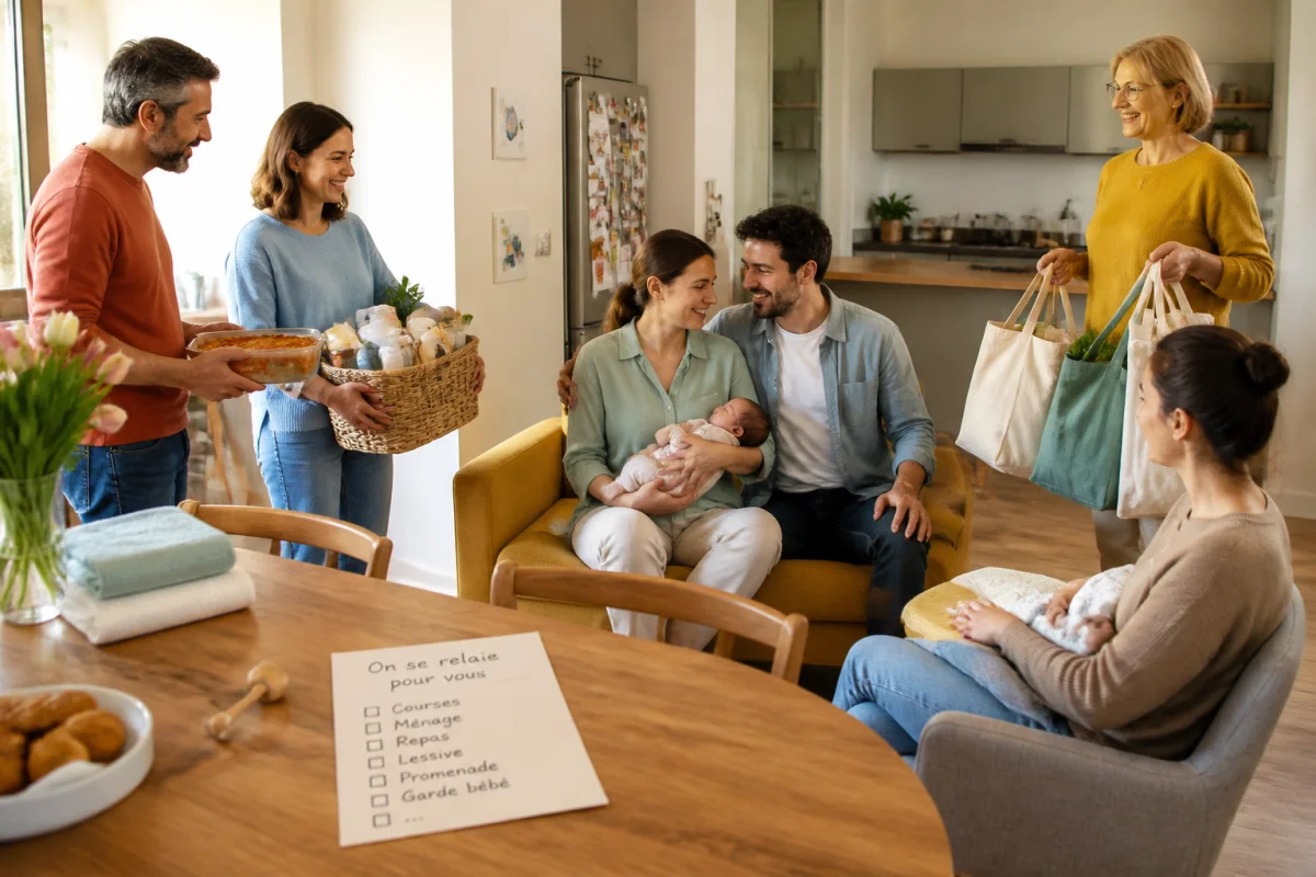 Jeunes parents avec leur nouveau-né entourés de proches apportant repas, provisions et aide pour préparer la venue de bébé en communauté