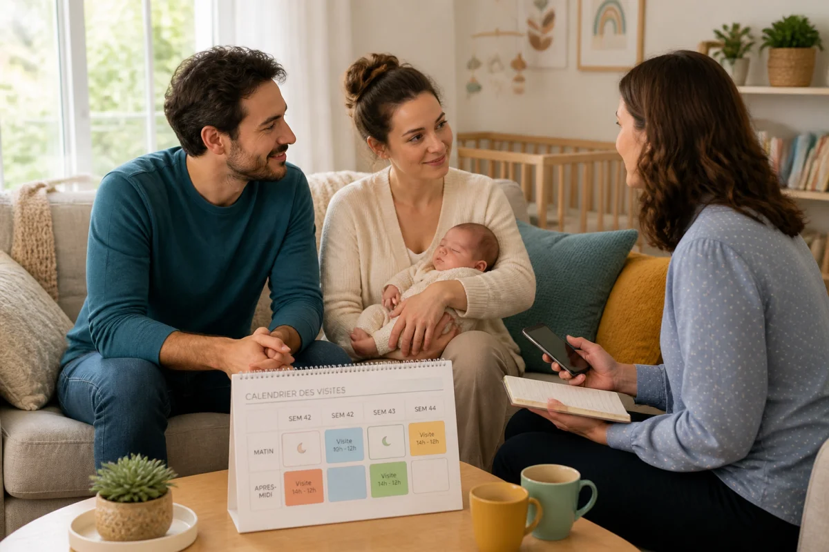 Jeune couple avec nouveau-né échangeant sereinement sur l’organisation des visites avec une personne référente, calendrier partagé visible