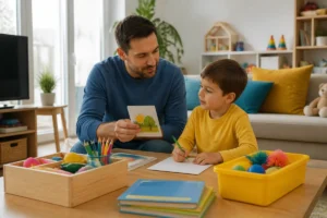 Parent accompagnant son enfant après l’écran avec livres, jeux et matériel de dessin dans un salon lumineux