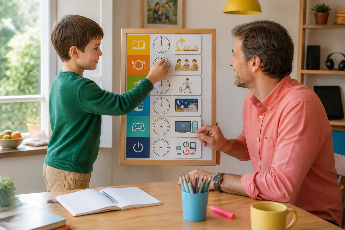 Parent et enfant créent ensemble un planning familial pour protéger son enfant des écrans au quotidien