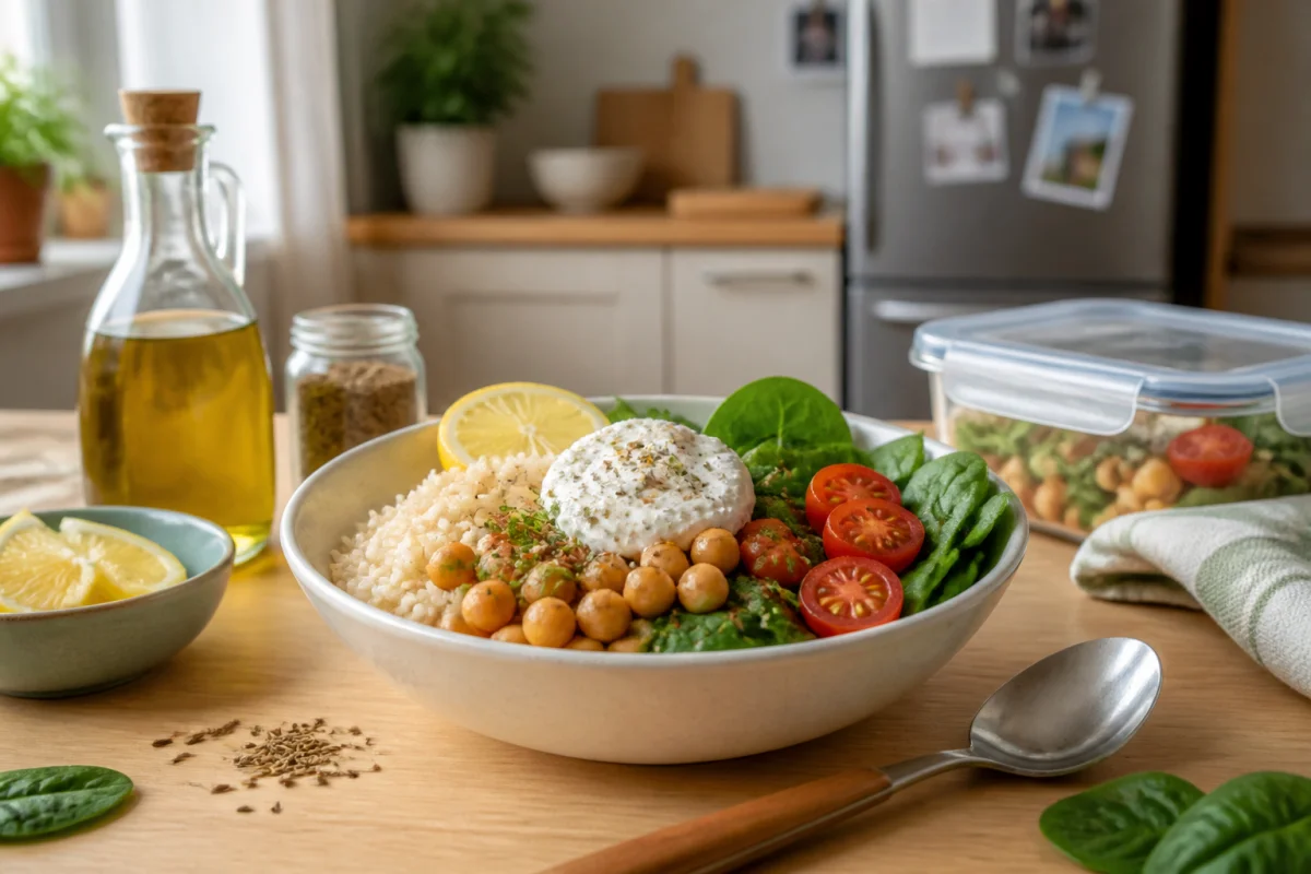 Recette rapide pour jeunes mamans : bol complet de riz, pois chiches, légumes frais et fromage préparé en dix minutes