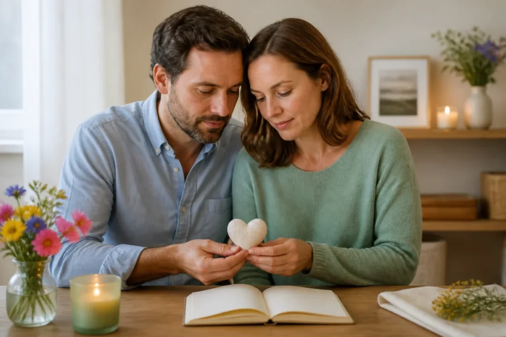 Couple uni tenant un objet symbolique devant un espace mémoriel, pour des rituels de deuil après une naissance