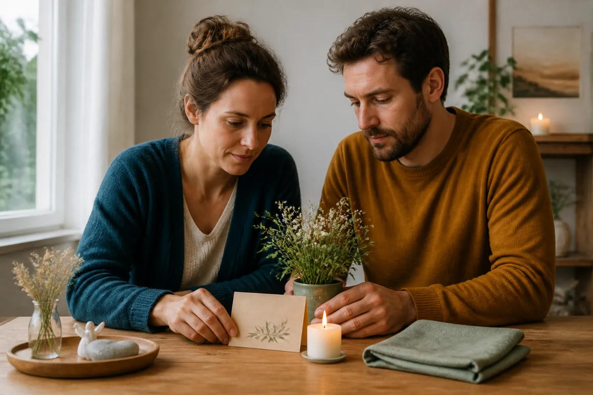Deux parents endeuillés créent ensemble un rituel de deuil après une naissance, avec bougie, carte et plante symbolique