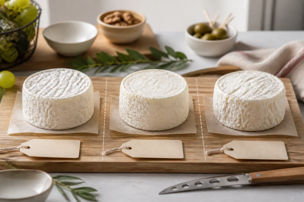 Trois fromages Rocamadour au lait cru, pasteurisé et thermisé présentés sur une table pour femmes enceintes.