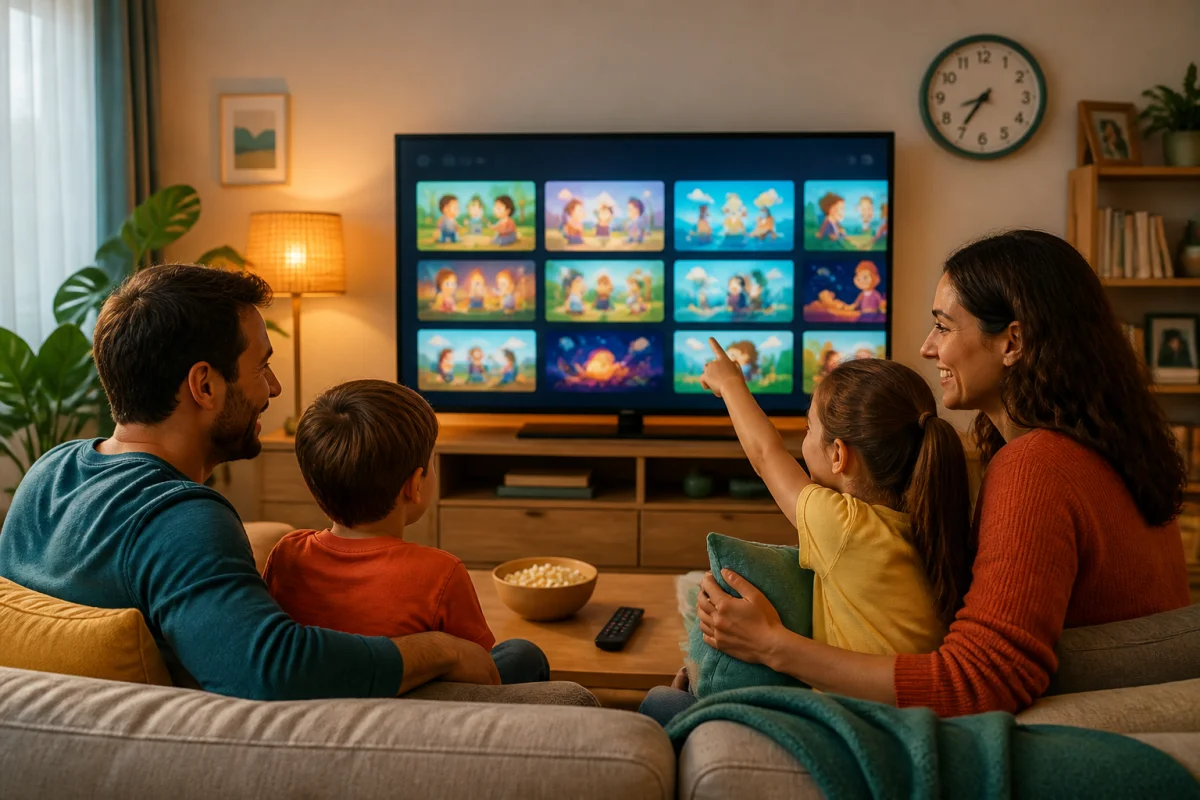 Famille choisissant ensemble un programme pour une routine télé du soir en famille dans un salon chaleureux