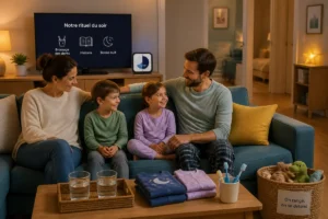 Famille réunie dans un salon chaleureux pour une routine télé du soir en famille organisée et apaisante