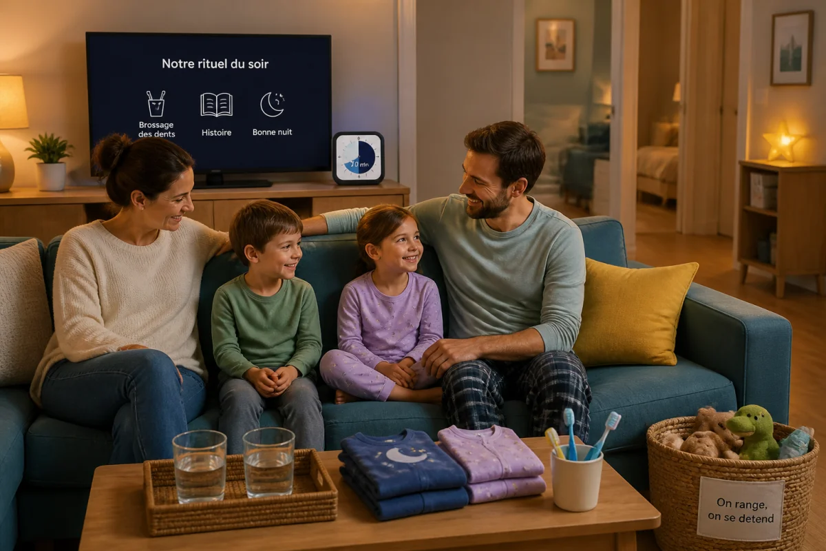 Famille réunie dans un salon chaleureux pour une routine télé du soir en famille organisée et apaisante