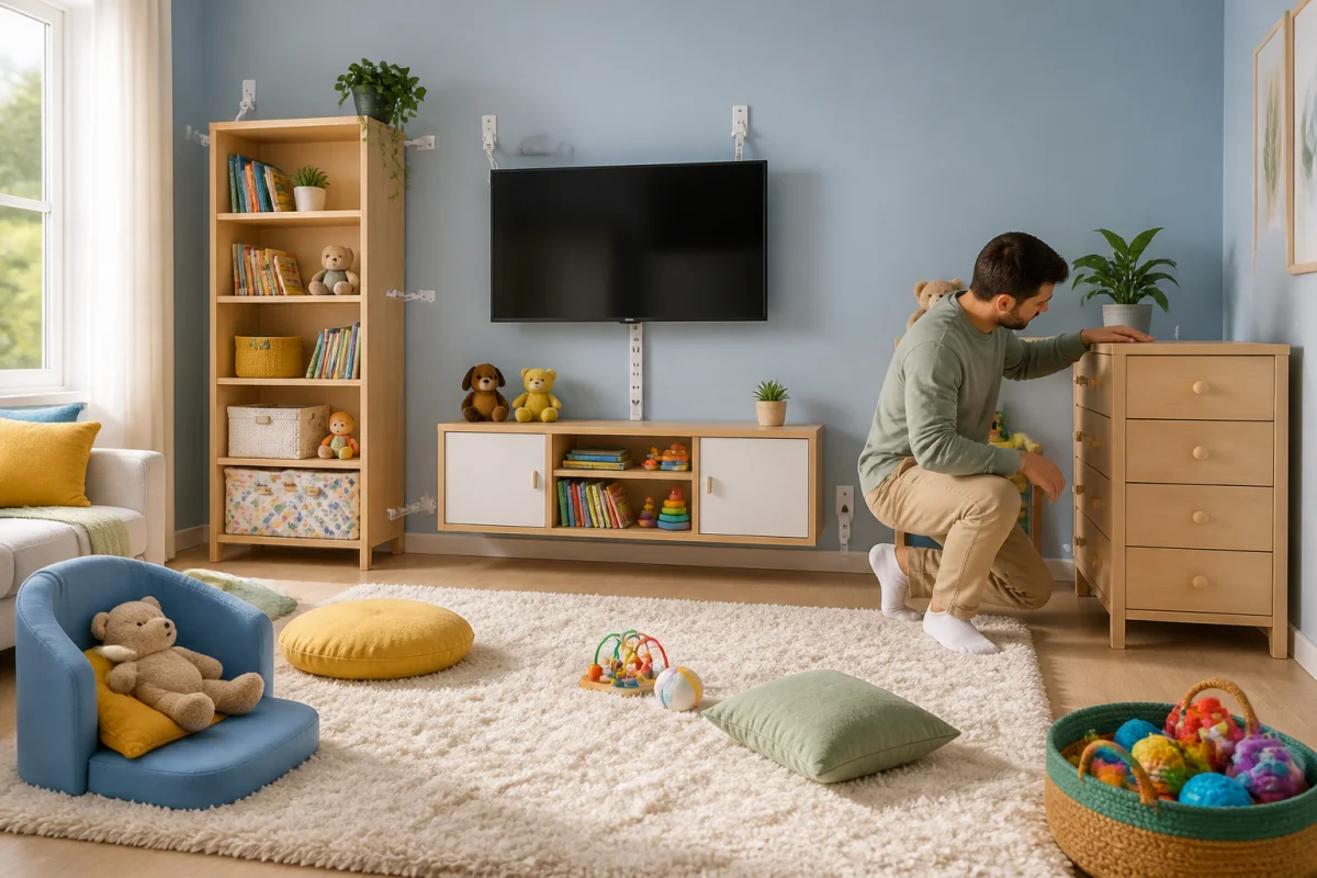 Salon sécurisé avant bébé avec meubles et téléviseur fixés au mur, câbles protégés et espace de jeu dégagé