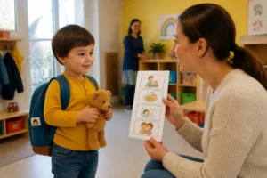 Enfant serein face à un adulte bienveillant, utilisant des repères visuels pour apaiser la séparation anxieuse chez l’enfant