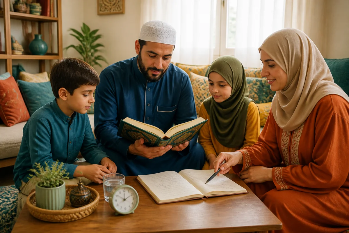 Famille réunie autour du Coran ouvert, réfléchissant ensemble à la signification des versets du Coran au quotidien