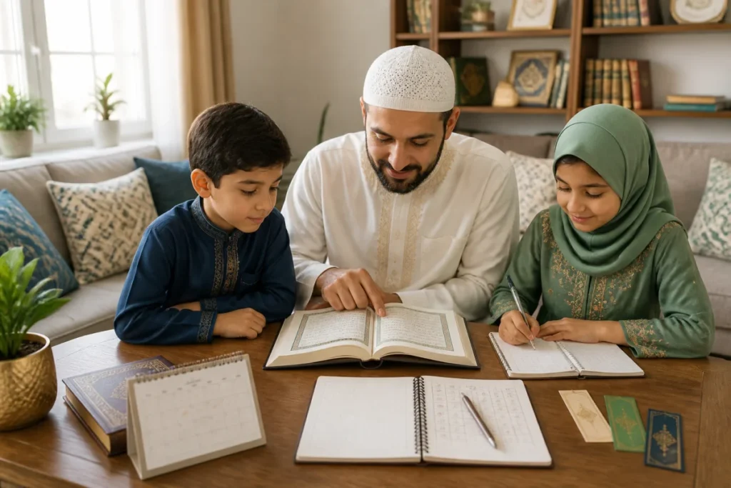 Famille réunie autour d’un Coran ouvert pour comprendre quotidiennement la signification des versets du Coran