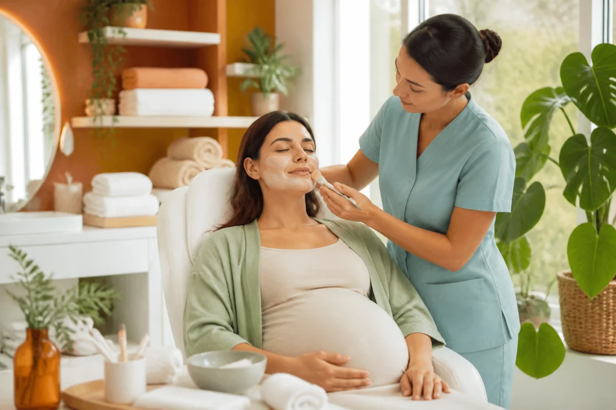 Soin du visage pendant la grossesse avec gestes doux réalisés par une esthéticienne dans un institut lumineux