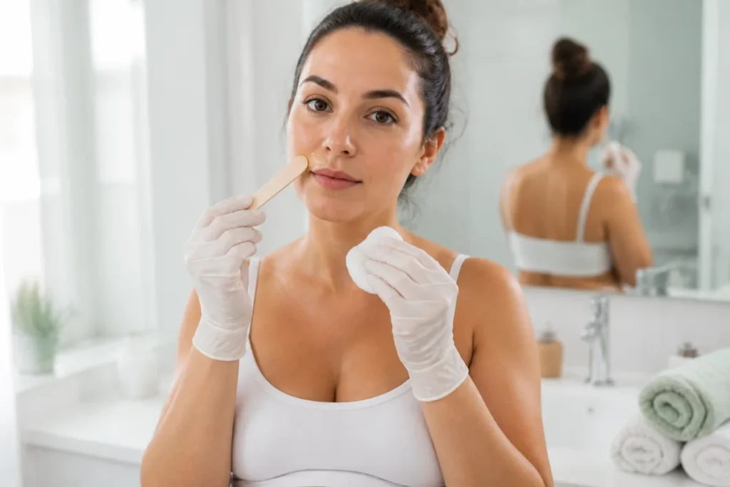 Soin du visage pendant la grossesse : femme enceinte réalisant une épilation douce dans une salle de bain propre et lumineuse