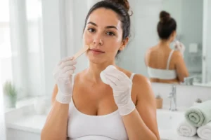 Soin du visage pendant la grossesse : femme enceinte réalisant une épilation douce dans une salle de bain propre et lumineuse