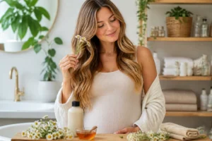 Femme enceinte aux cheveux châtains brillants tenant de la camomille, illustrant les soins capillaires pendant la grossesse