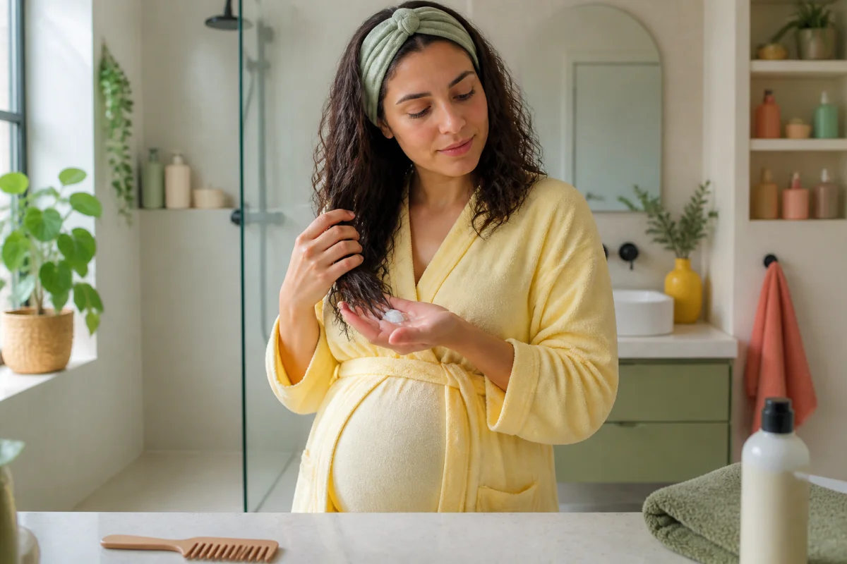 Soins capillaires pendant la grossesse : femme enceinte appliquant un après-shampooing sur ses longueurs, dans une salle de bains lumineuse.