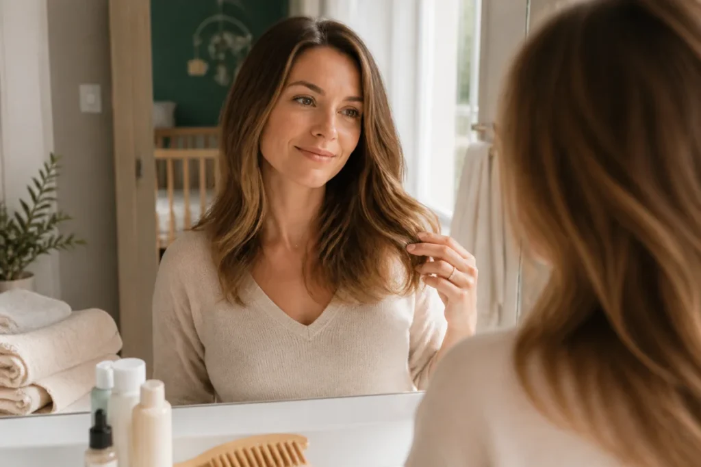 Jeune mère prenant soin de ses cheveux brillants après la grossesse devant un miroir, dans une salle de bains lumineuse