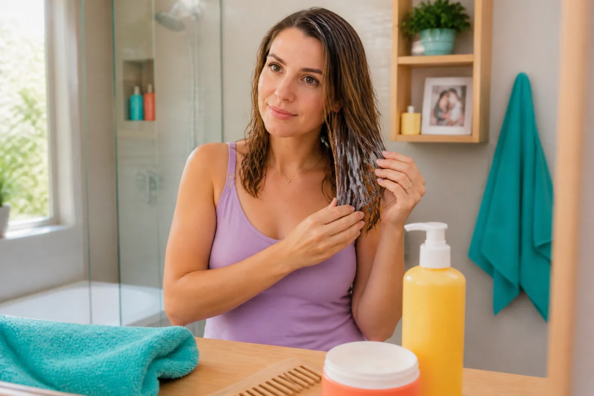 Jeune mère appliquant un après-shampoing sur ses longueurs fragilisées, dans une salle de bains lumineuse après la grossesse.