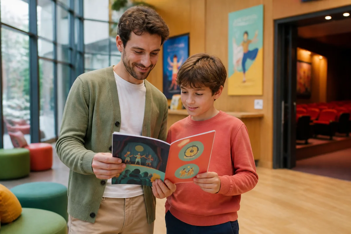 Parent et enfant choisissant sereinement un spectacle adapté dans le programme d’un théâtre familial lumineux