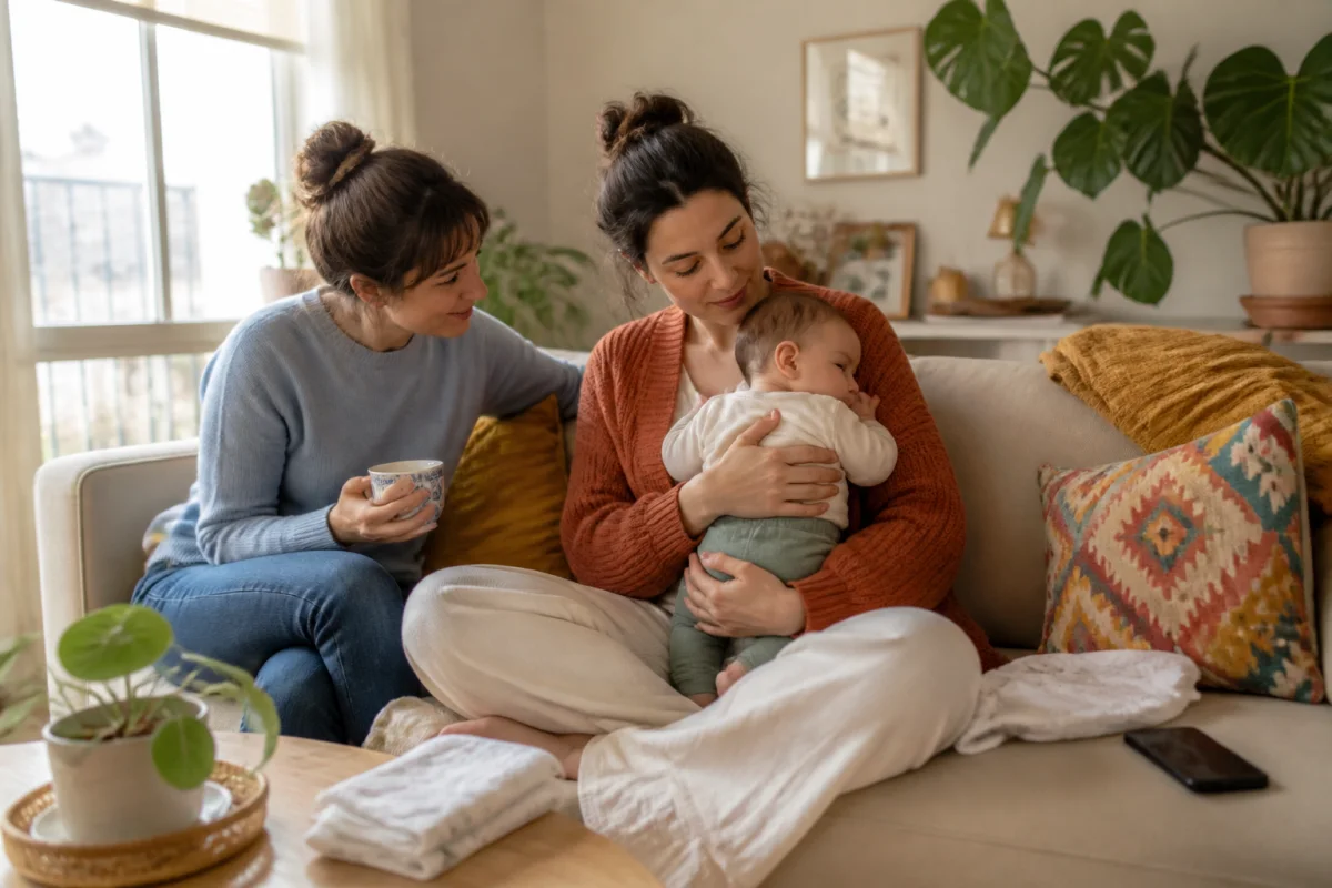 Soutien émotionnel des jeunes mamans : une mère apaisée reçoit du réconfort auprès de son bébé dans un salon chaleureux