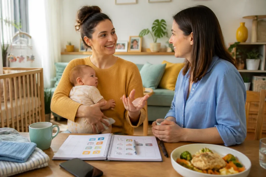 Jeune maman tenant son bébé et demandant un soutien émotionnel à une personne de confiance dans un salon chaleureux