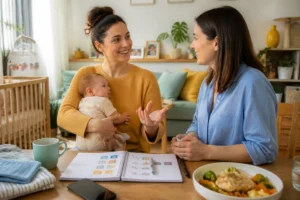 Jeune maman tenant son bébé et demandant un soutien émotionnel à une personne de confiance dans un salon chaleureux