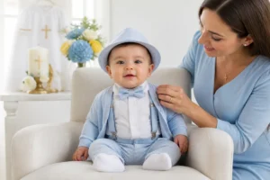 Bébé portant une tenue de baptême élégante et confortable, avec cardigan, chapeau souple et accessoires coordonnés