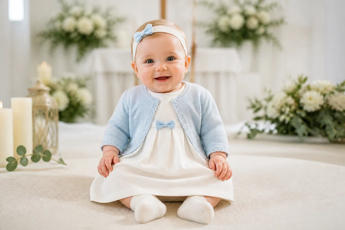 Bébé portant une tenue de baptême élégante ivoire et bleu pâle, avec robe, cardigan, chaussettes et bandeau assorti