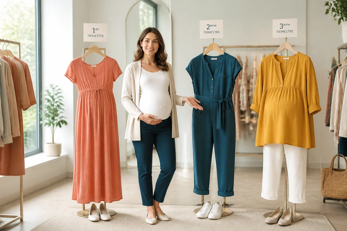 Femme enceinte présentant trois tenues de grossesse chic et pratiques, adaptées à chaque trimestre, dans une boutique lumineuse.