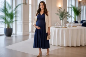 Femme enceinte élégante en tenue de grossesse chic et pratique, robe fluide, veste structurée et accessoires raffinés.