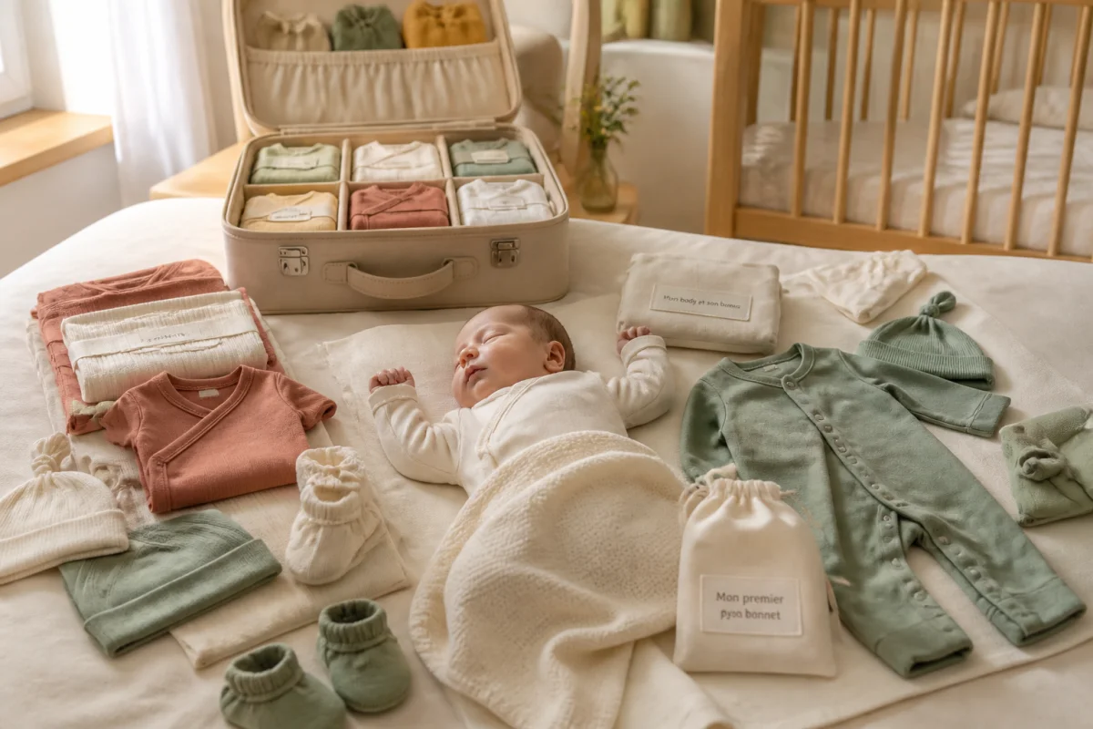 Tenue de naissance pour bébé disposée autour d’un nouveau-né endormi, avec body, pyjama, bonnet, chaussons et couverture.