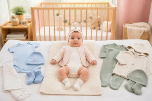 Nouveau-né confortablement habillé dans une tenue de naissance pour bébé, entouré de vêtements adaptés aux saisons.