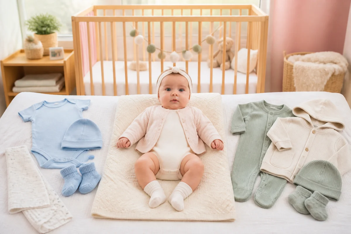 Nouveau-né confortablement habillé dans une tenue de naissance pour bébé, entouré de vêtements adaptés aux saisons.