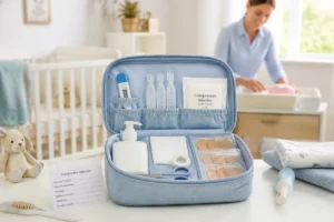 Trousse de premiers soins bébé ouverte avec thermomètre, compresses, sérum physiologique et accessoires essentiels sur une table claire