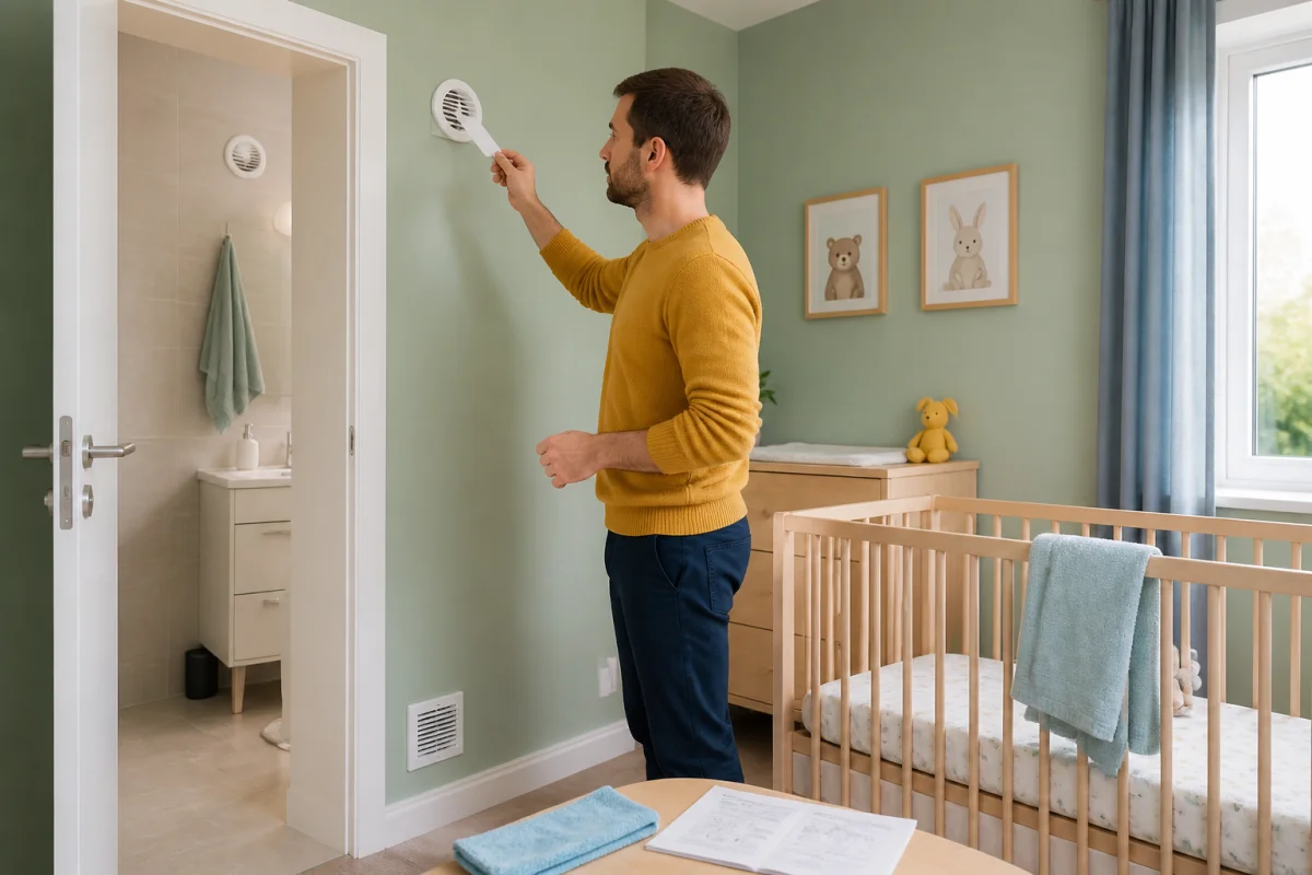 Parent vérifiant l’aspiration d’une bouche d’extraction dans une chambre de bébé pour une ventilation saine au quotidien