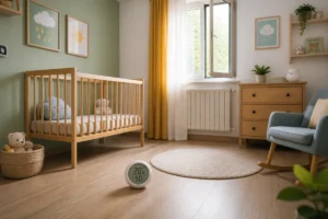 Chambre de bébé lumineuse avec lit éloigné de la fenêtre, thermomètre central et ventilation saine indirecte